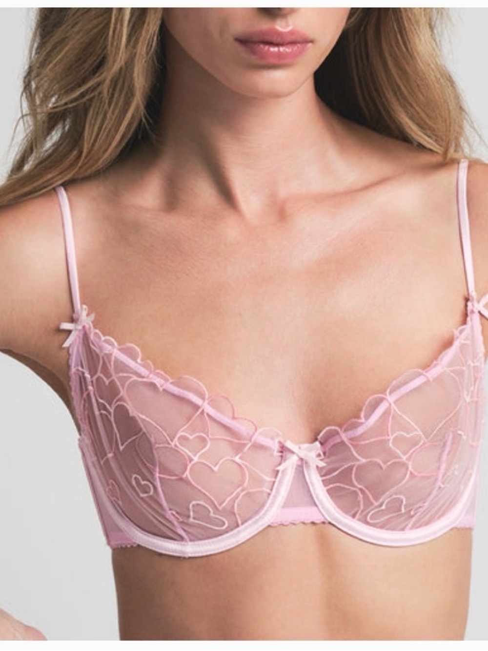 Skims Embroidered Tulle Unlined Demi Bra Hearts Pink Size 40D